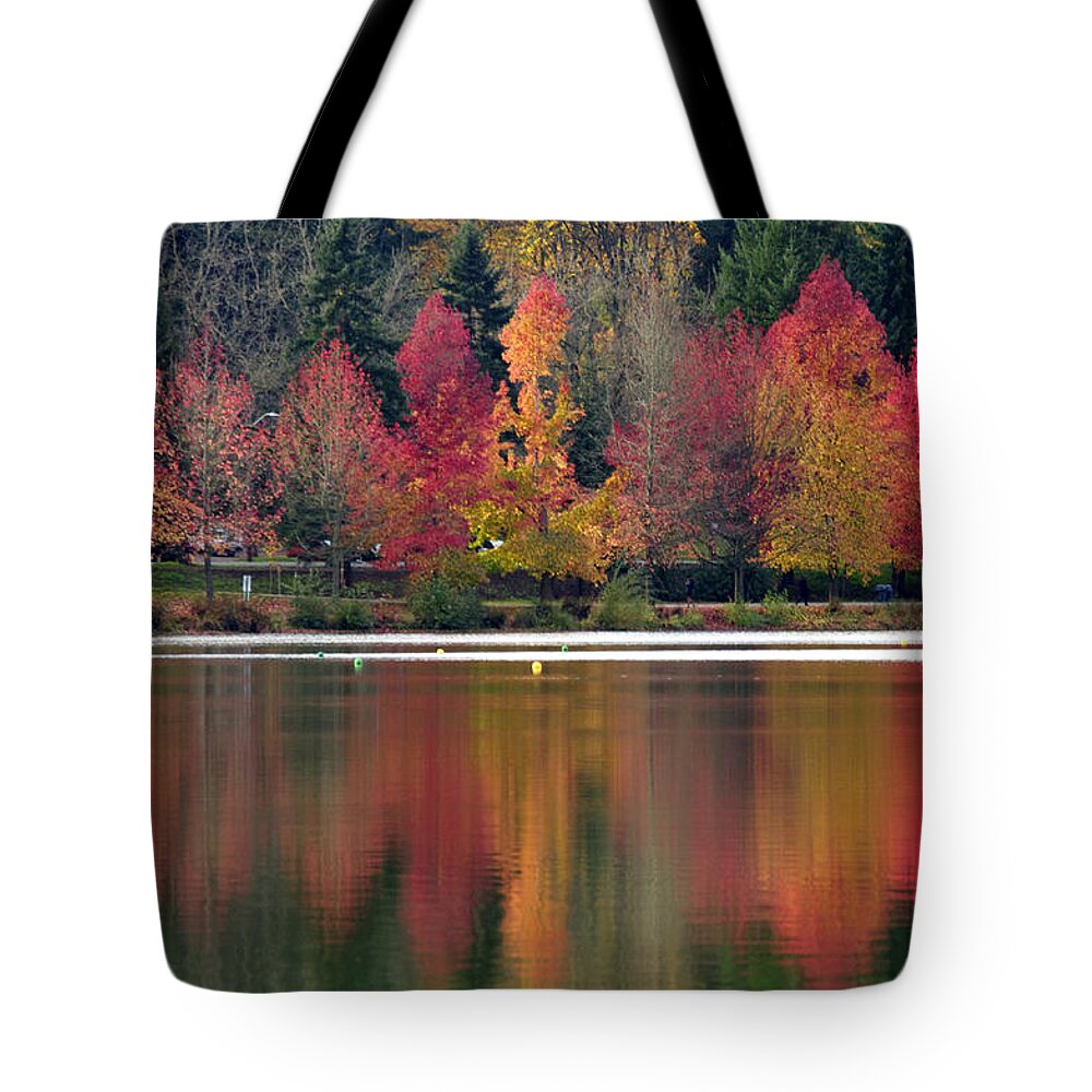 Landscape Tote Bag featuring the photograph Green Lake Autumn Reflection by Emerita Wheeling