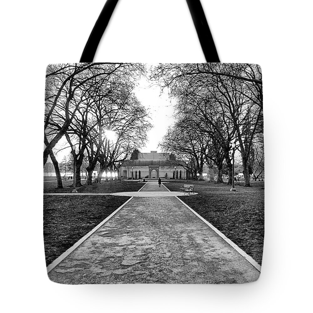 Seattle Tote Bag featuring the photograph Green Lake Community Center Black and White by Pelo Blanco Photo