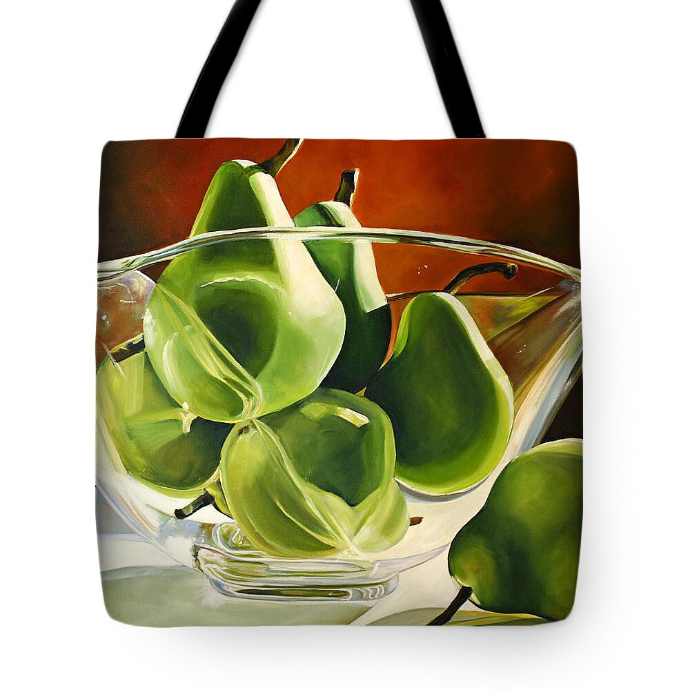 Pear Tote Bag featuring the painting Green Pears in Glass Bowl by Toni Grote