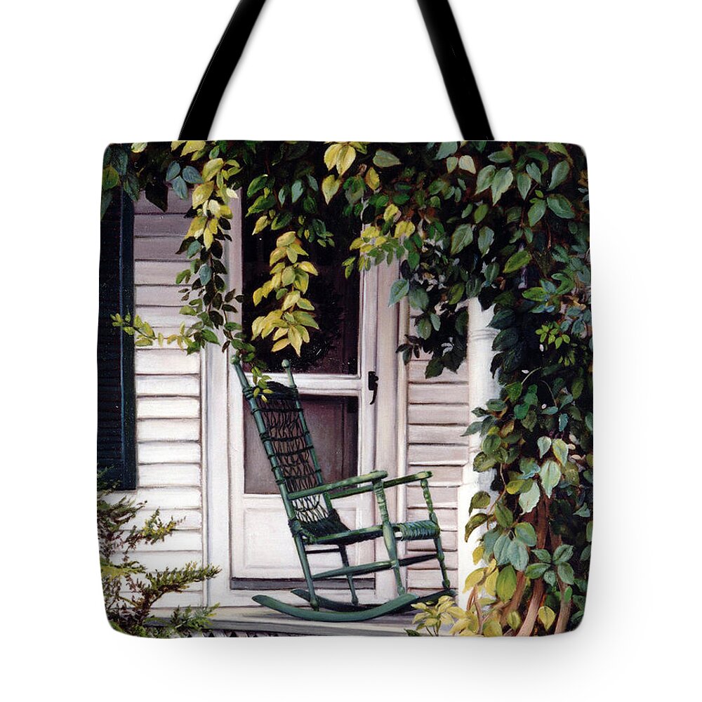 Farmhouse Tote Bag featuring the painting Green Rocking Chair by Marie Witte