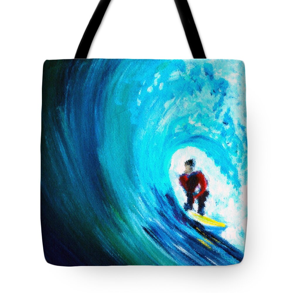 Surfer Tote Bag featuring the painting Green Room Surfer in a Wave by Katy Hawk
