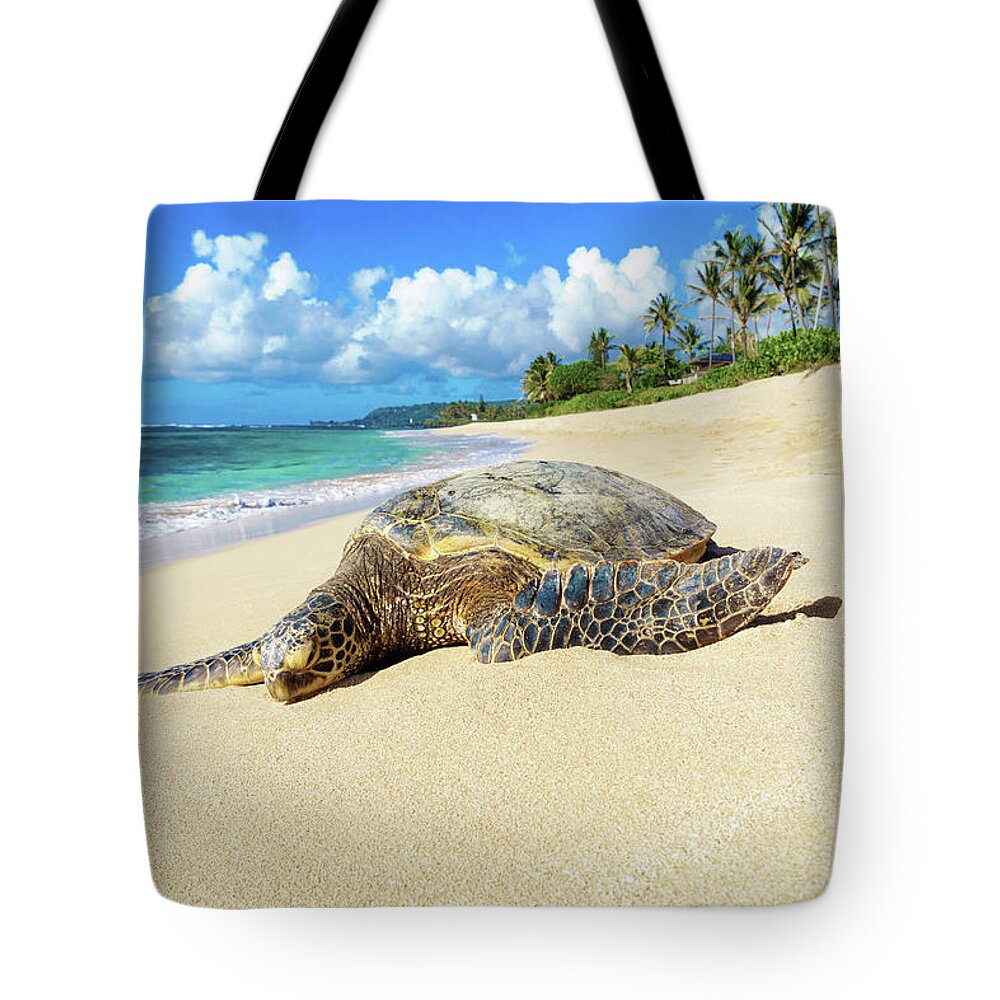 North Shore Tote Bag featuring the photograph Green Sea Turtle Hawaii by Hans- Juergen Leschmann
