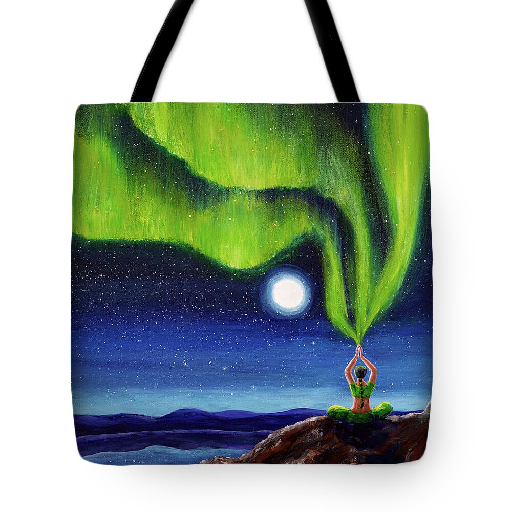 Meditation Tote Bag featuring the painting Green Tara Creating the Aurora Borealis by Laura Iverson