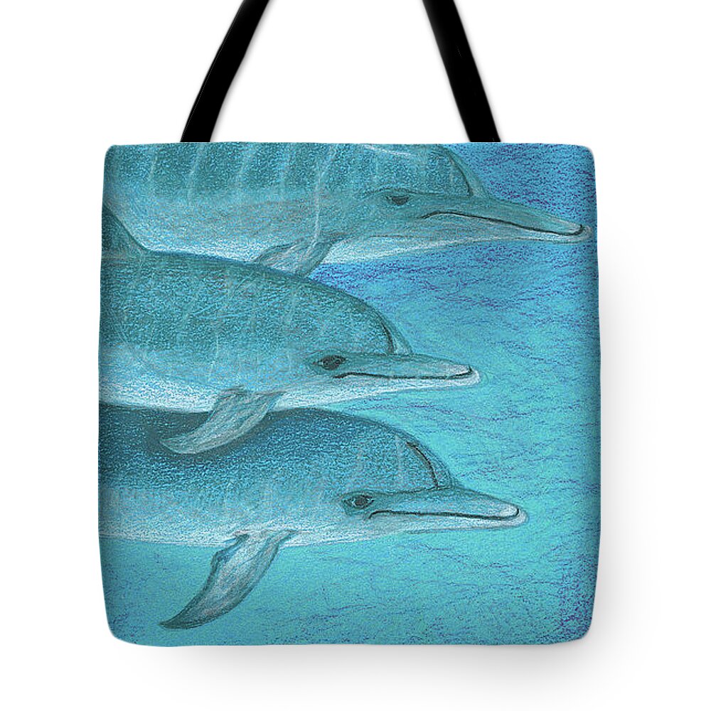 Dolphins Tote Bag featuring the drawing Greetings by Anne Katzeff