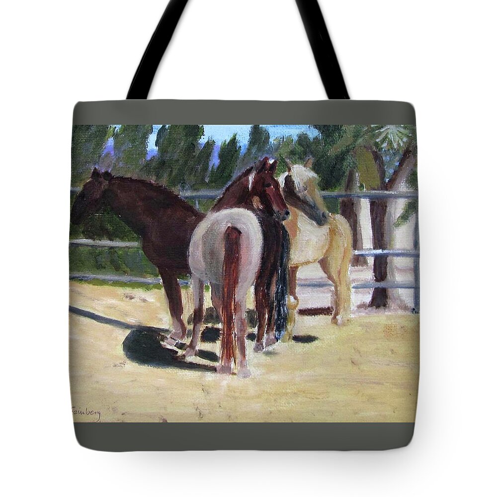 Horses Tote Bag featuring the painting Gregory and his mares by Linda Feinberg