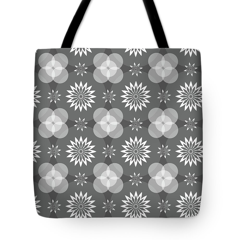 Grey Tote Bag featuring the digital art Grey Circles and Flowers Pattern by Becky Herrera