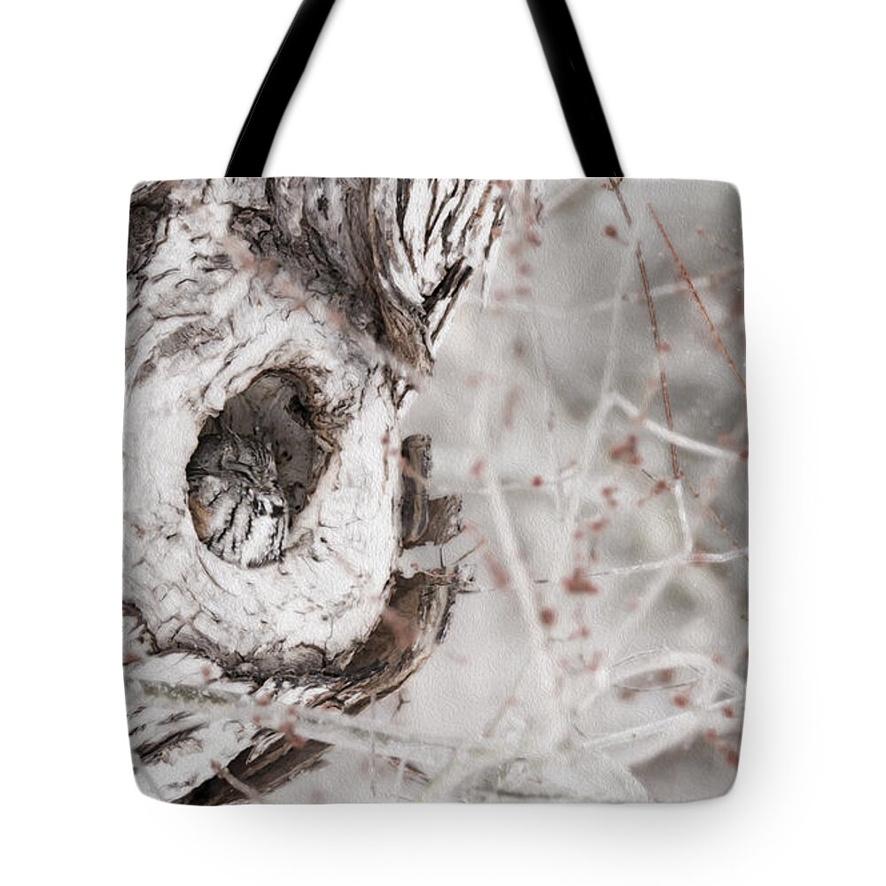 Grey Morph Eastern Screech Owl As An Oil Painting Tote Bag featuring the photograph Grey Morph Eastern Screech Owl as an Oil Painting by Tracy Winter