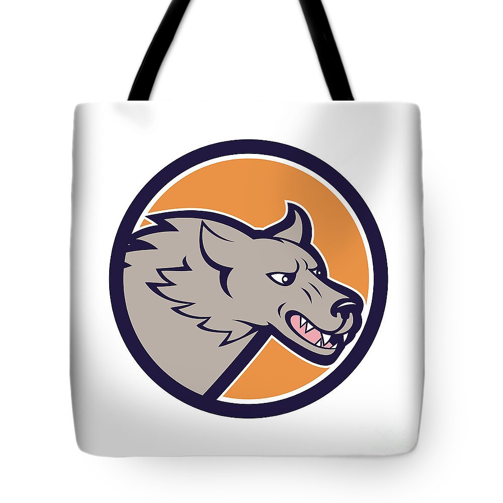 Grey Wolf Tote Bag featuring the digital art Grey Wolf Head Angry Circle Cartoon by Aloysius Patrimonio