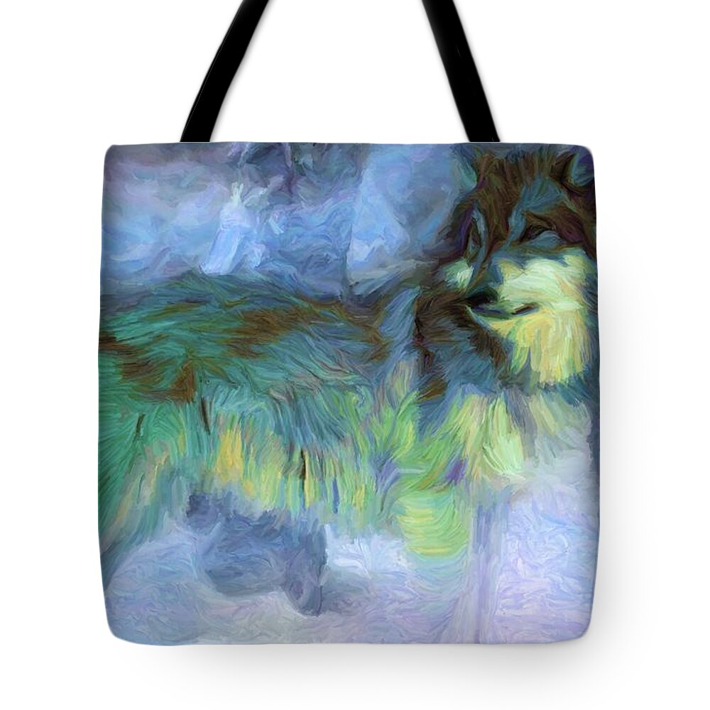 Grey Wolf Tote Bag featuring the digital art Grey Wolves in Snow by Caito Junqueira