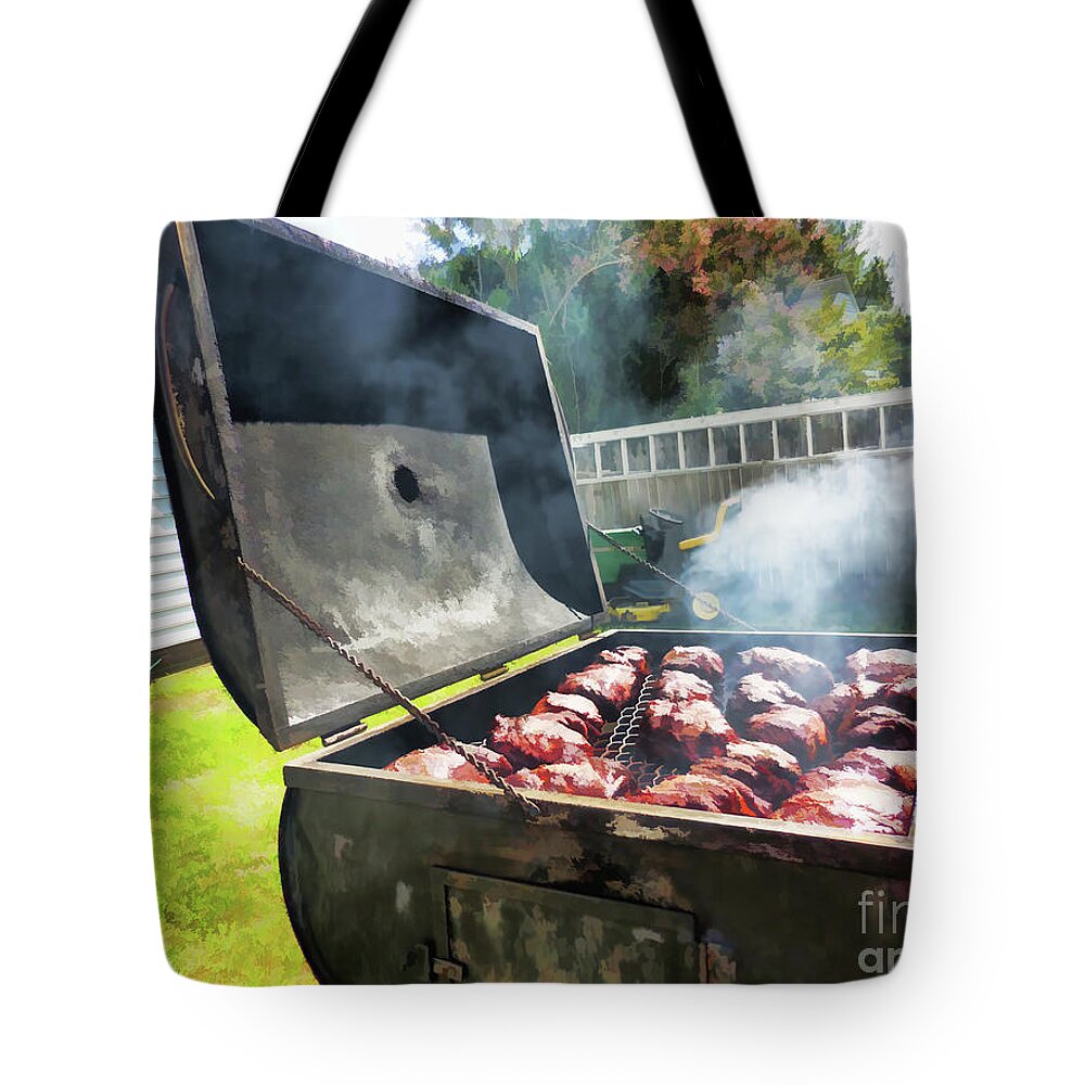Grilled Pork On The Grill Tote Bag featuring the painting Grilled pork on the grill 4 by Jeelan Clark