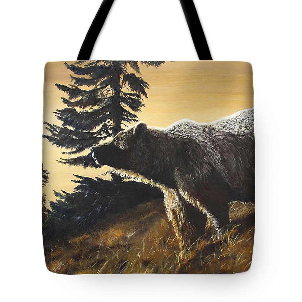 North American Wildlife Tote Bag featuring the painting Grizzly with Cub by Johanna Lerwick