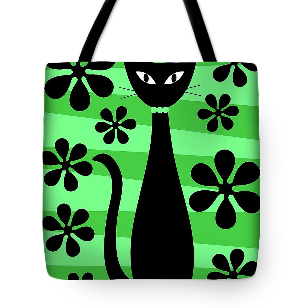 Donna Mibus Tote Bag featuring the digital art Groovy Flowers with Cat Green and Light Green by Donna Mibus