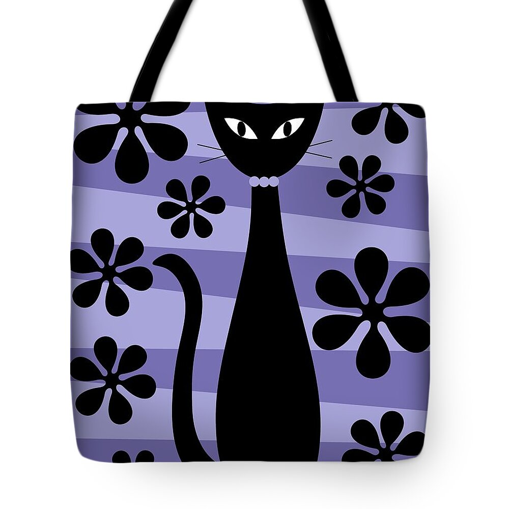 Donna Mibus Tote Bag featuring the digital art Groovy Flowers with Cat Purple and Light Purple by Donna Mibus
