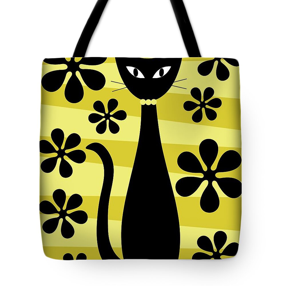 Donna Mibus Tote Bag featuring the digital art Groovy Flowers with Cat Yellow and Light Yellow by Donna Mibus
