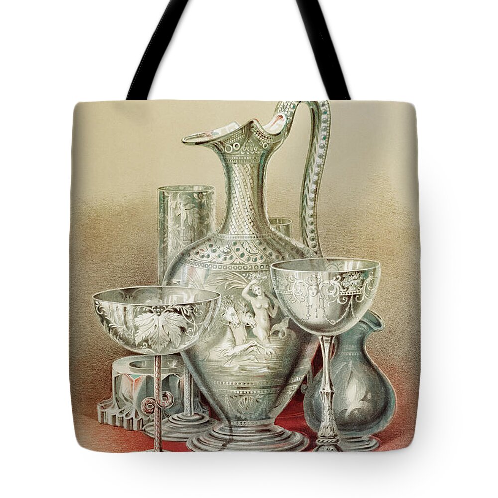 1800s Tote Bag featuring the painting Group of objects in glass from the Industrial arts of the Nineteenth Century by Vincent Monozlay