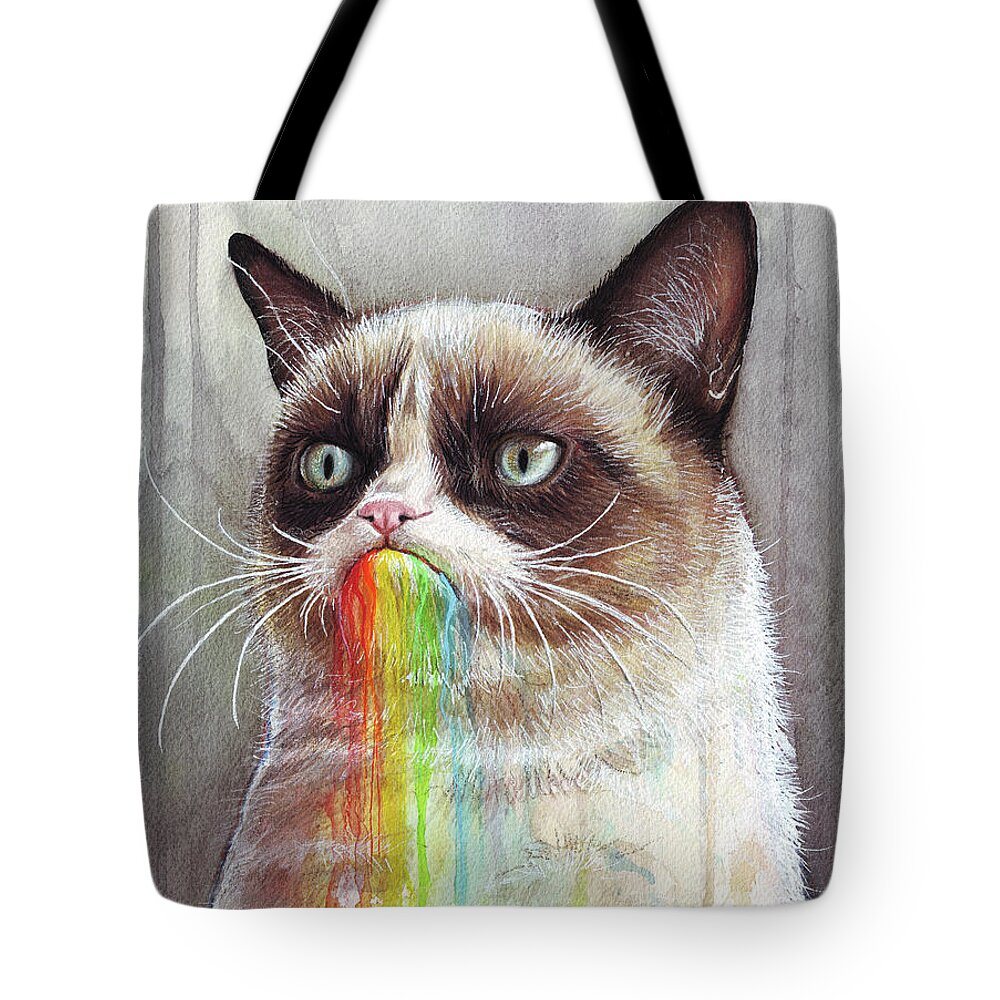 Grumpy Cat Tote Bag featuring the painting Grumpy Cat Tastes the Rainbow by Olga Shvartsur