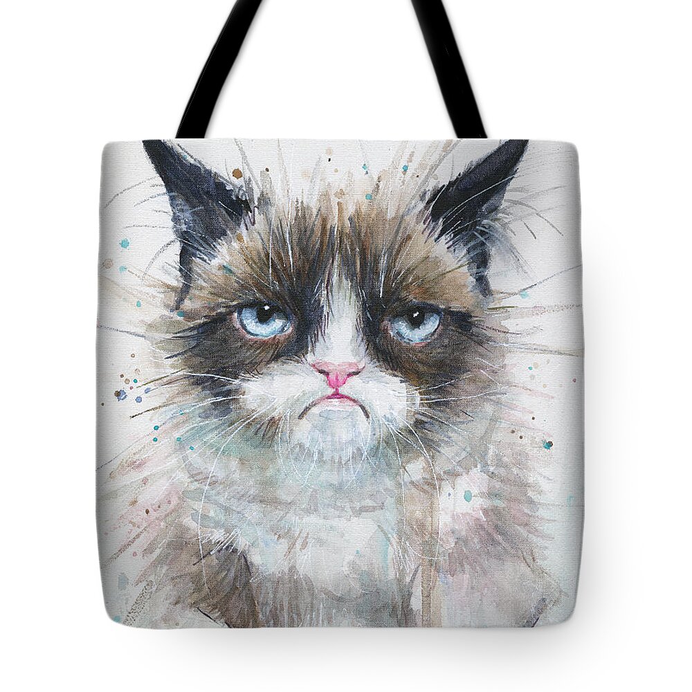 Watercolor Tote Bag featuring the painting Grumpy Cat Watercolor Painting by Olga Shvartsur