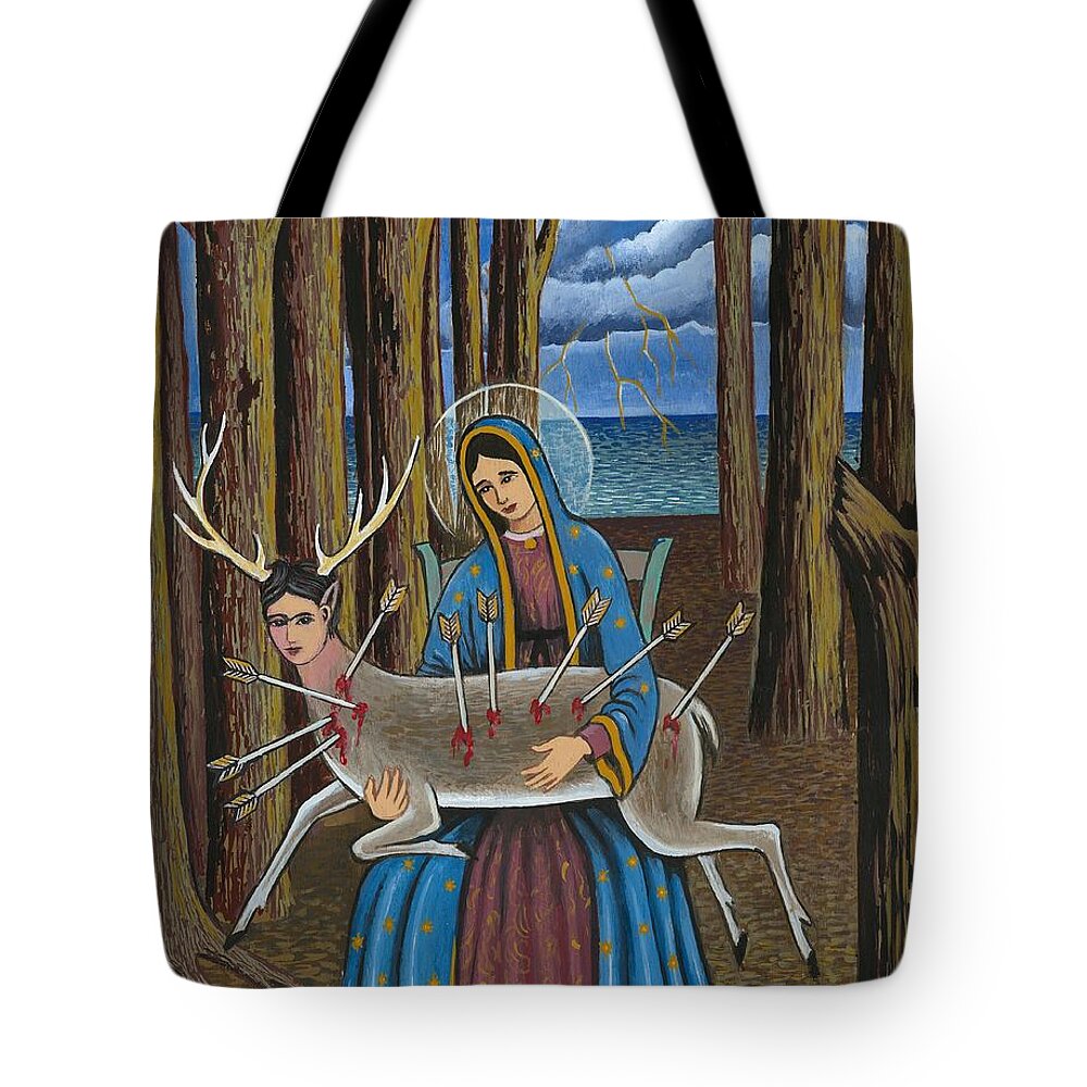 Guadalupe Tote Bag featuring the painting Guadalupe visits Frida Kahlo by James RODERICK