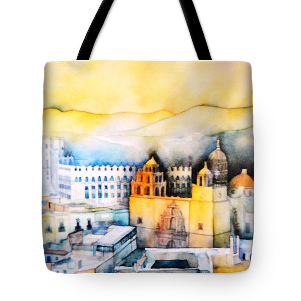 Guanajuato-panorama Tote Bag featuring the painting Guanajuato-Mexico by Dagmar Helbig