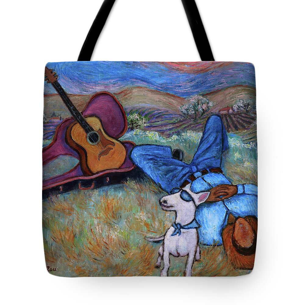 Figurative Tote Bag featuring the painting Guitar Doggy and Me in Wine Country by Xueling Zou
