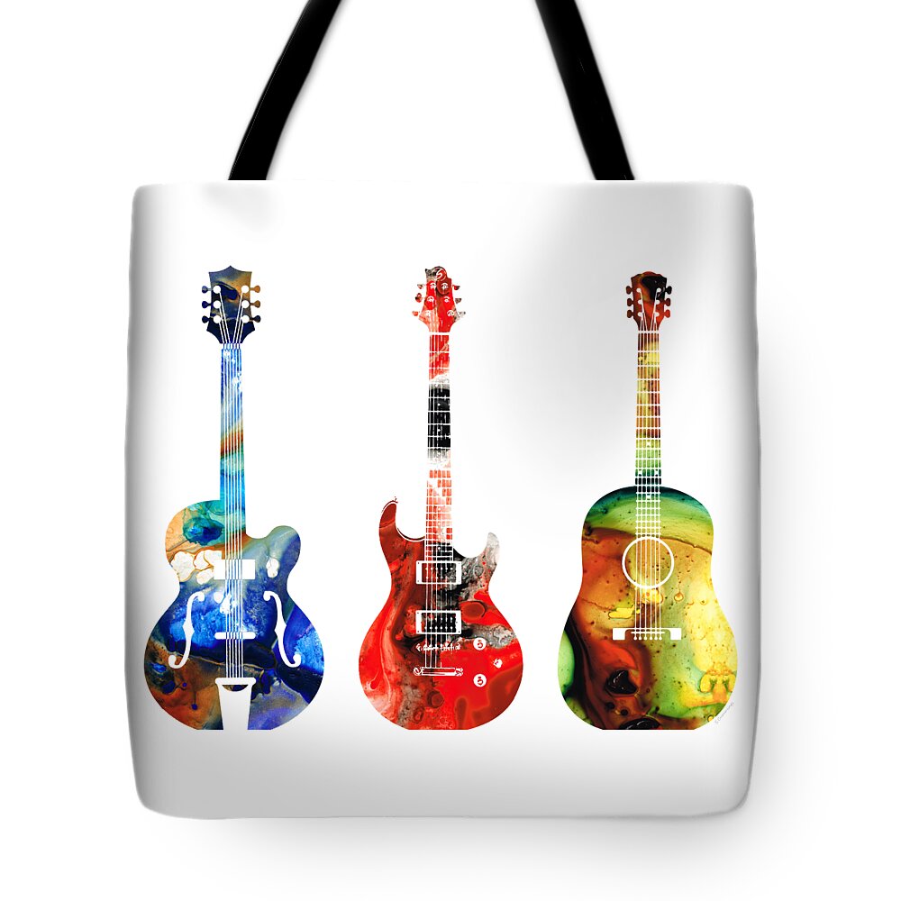Guitar Tote Bag featuring the painting Guitar Threesome - Colorful Guitars By Sharon Cummings by Sharon Cummings