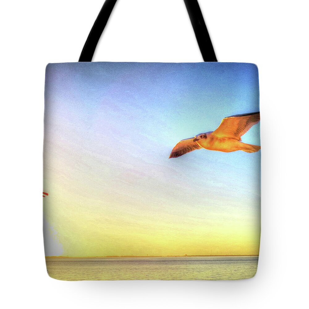 Gull Tote Bag featuring the digital art Gull In Sky by Kathleen Illes