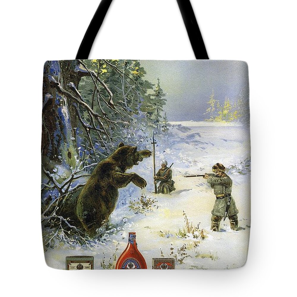 Vintage Tote Bag featuring the mixed media Gunpowder - Bears Hunting - Vintage Russian Advertising Poster by Studio Grafiikka