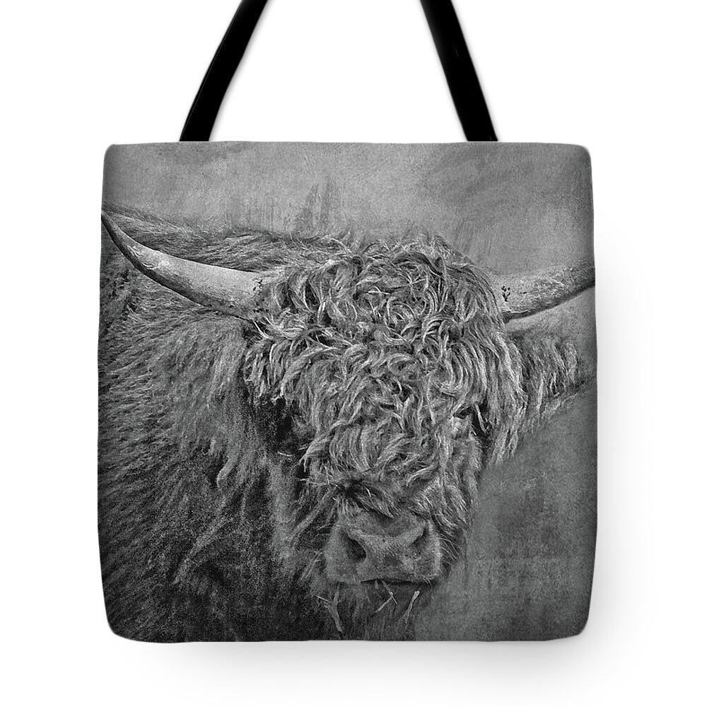 Highland Cow Tote Bag featuring the photograph Hairy Highlander BW by HH Photography of Florida