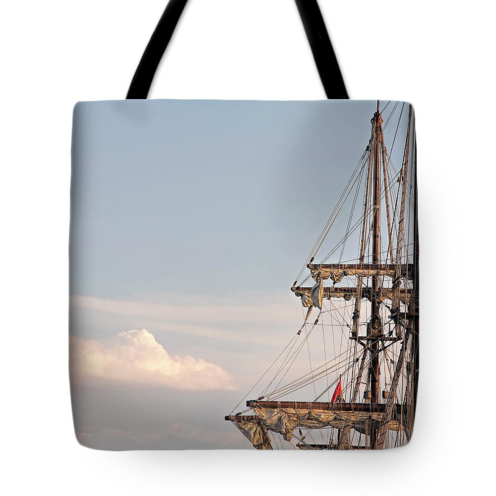 Tall Ship Tote Bag featuring the photograph Half Sail by Deborah Penland