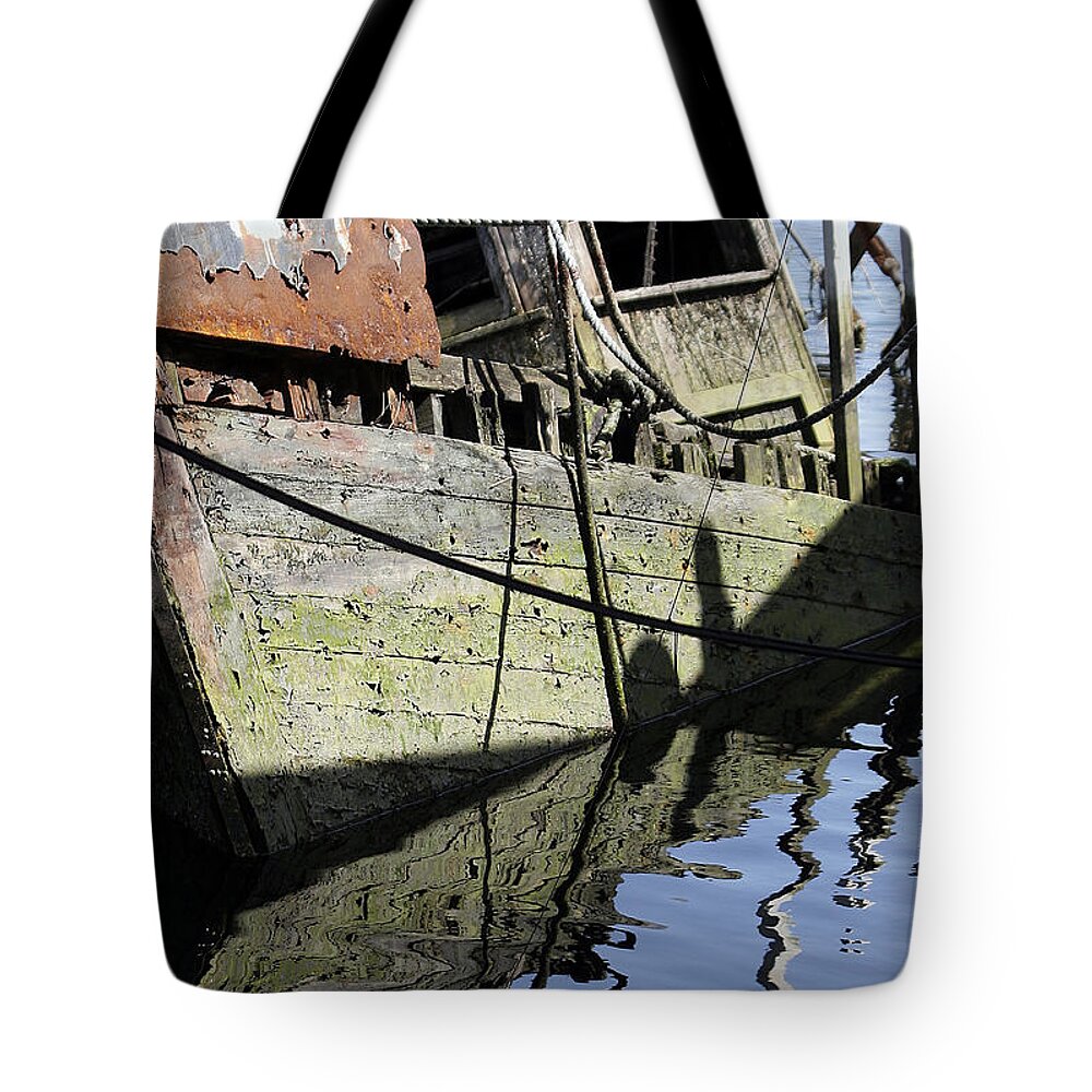 Water Tote Bag featuring the digital art Half Sunk Boat by Bob Slitzan