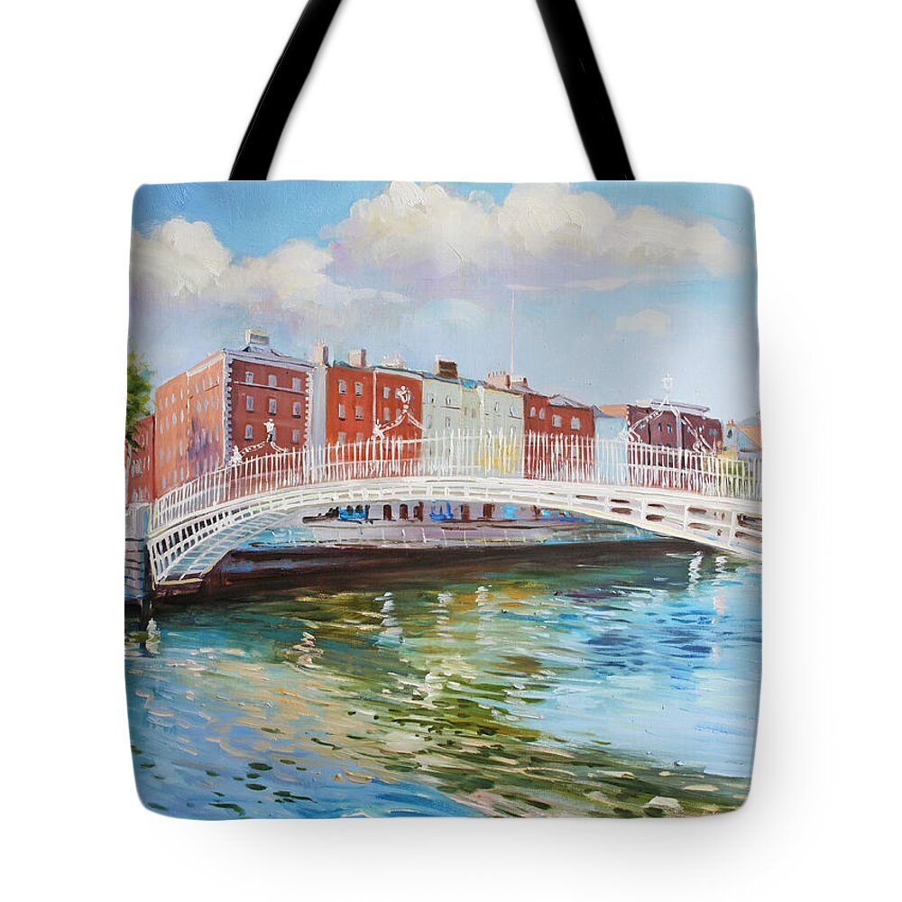 Halfpenny Bridge Tote Bag featuring the painting Halfpenny Bridge Dublin by Conor McGuire
