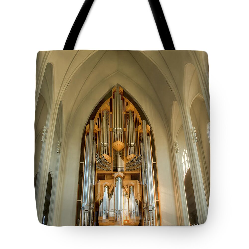 Hallgrimskirkja Tote Bag featuring the photograph Hallgrimskirkja - the Organ 0654 by Kristina Rinell