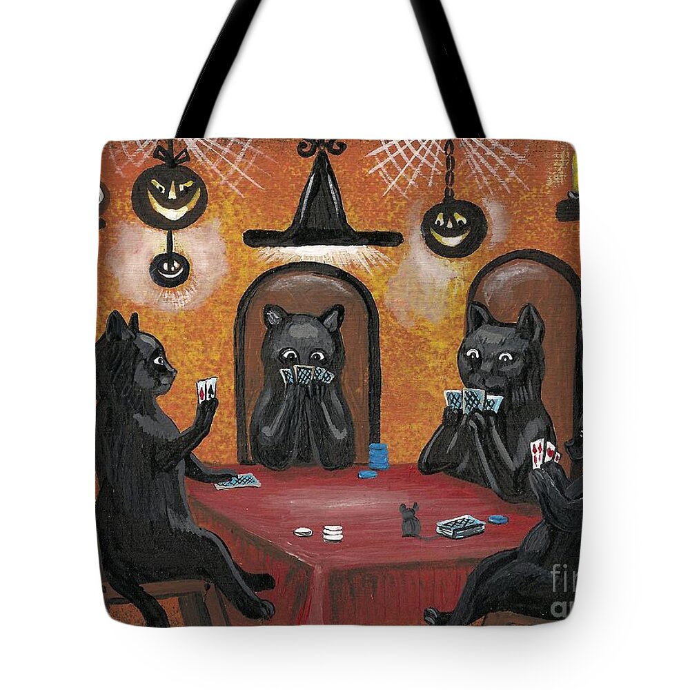 Print Tote Bag featuring the painting Halloween Hold Em by Margaryta Yermolayeva