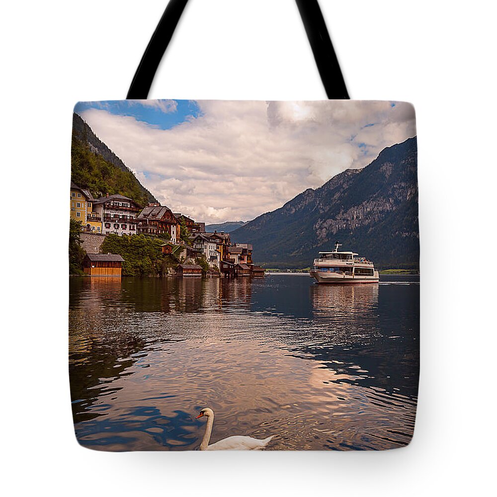 Alps Tote Bag featuring the photograph Hallstatt Austria Ferry by Brenda Jacobs