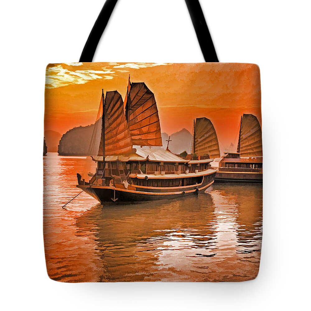 Vietnam Tote Bag featuring the photograph Halong Bay Junks by Dennis Cox