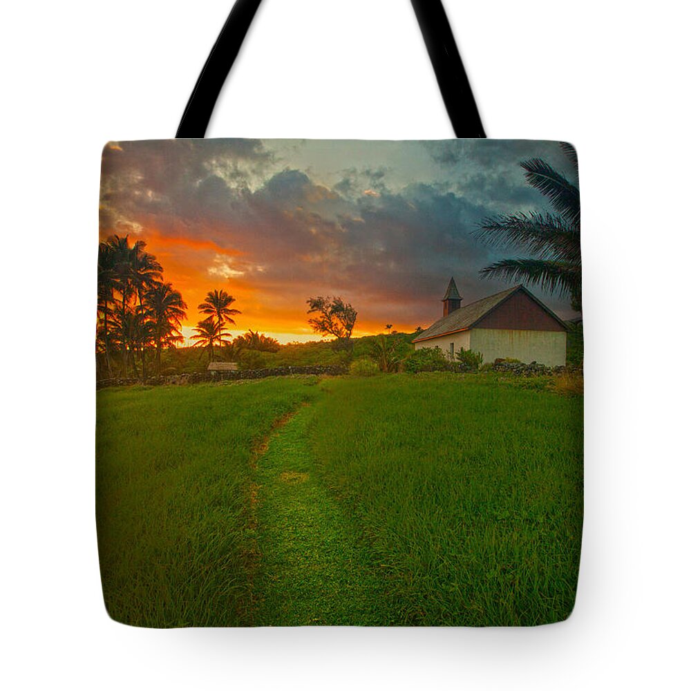 Maui Hawaii Hana Sunset Church Clouds Tropics Palmtrees Tote Bag featuring the photograph Hana Church by James Roemmling