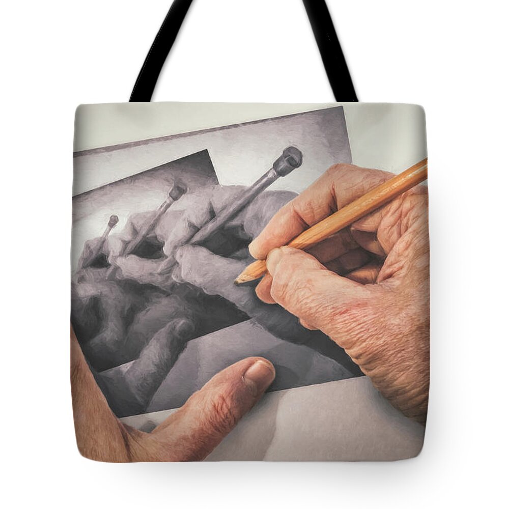 Scott Norris Photography Tote Bag featuring the photograph Hands Drawing Hands by Scott Norris