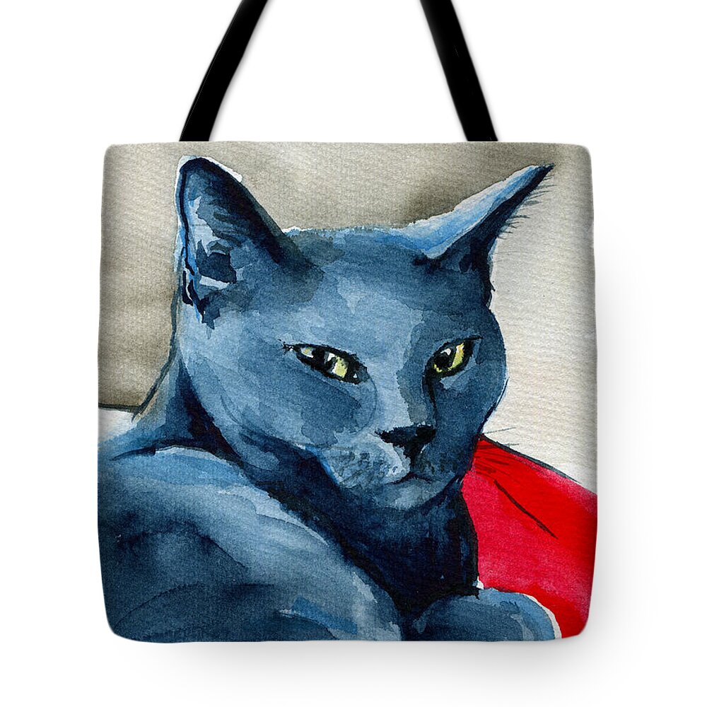 Cat Tote Bag featuring the painting Handsome Russian Blue Cat by Dora Hathazi Mendes