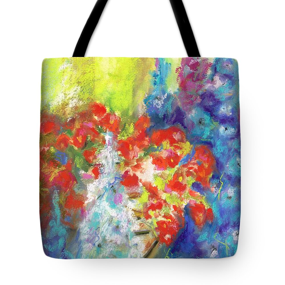 Flowers Tote Bag featuring the painting Hanging with the Delphiniums by Frances Marino