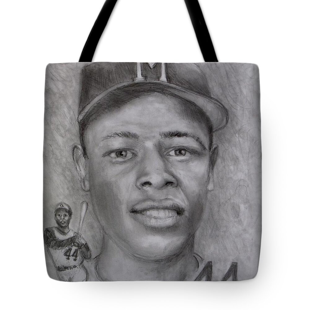 Hank Aaron Tote Bag featuring the drawing Hank by Jack Skinner