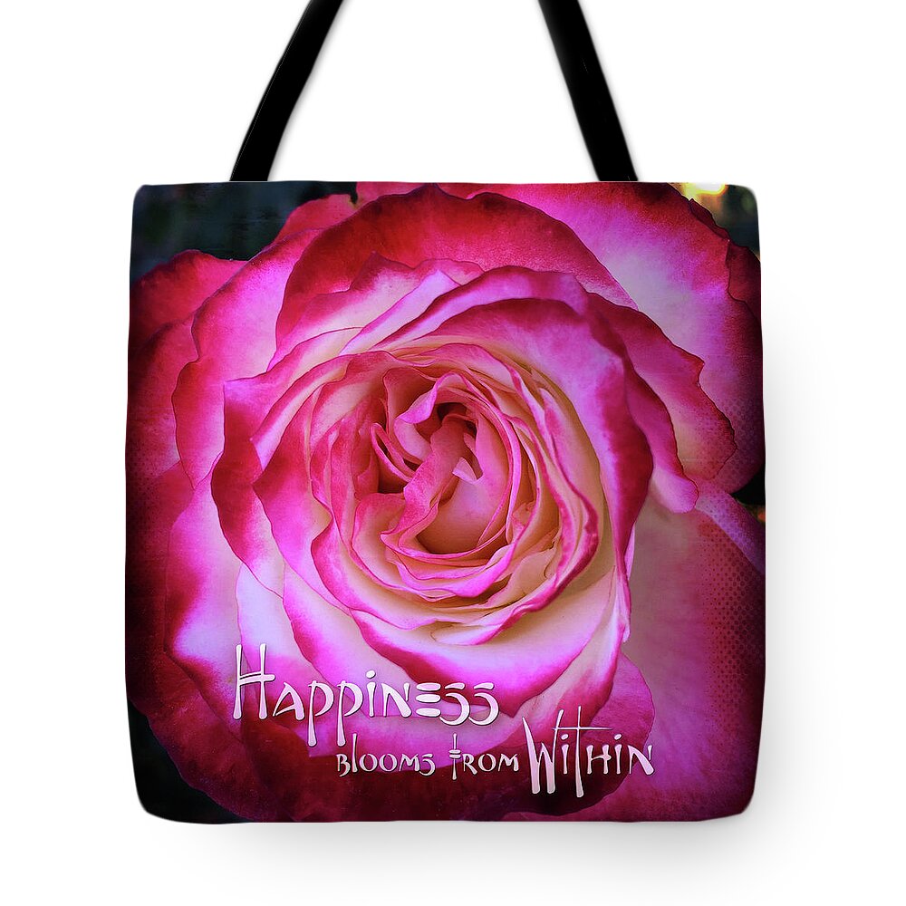 Color Tote Bag featuring the photograph Happiness blooms from within quote, hot pink and white rose close-up photo by Marcia Luce at Luceworks