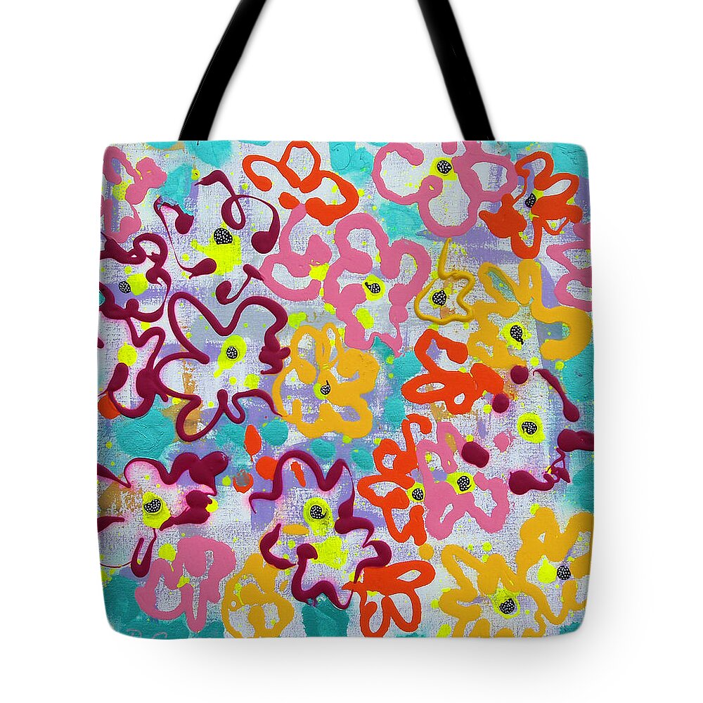 Abstract Tote Bag featuring the painting Happy Abstract Flowers by Gina De Gorna