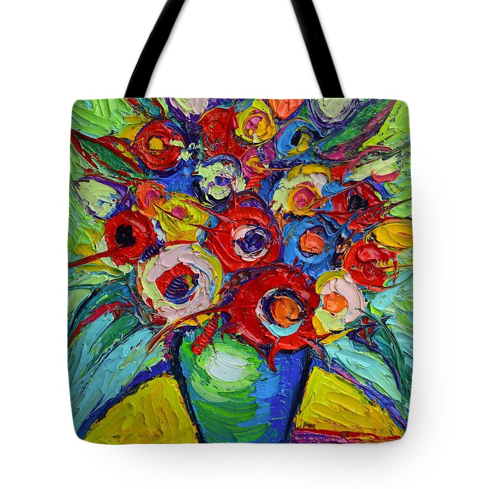 Abstract Tote Bag featuring the painting Happy Bouquet Of Poppies And Colorful Wildflowers On Round Yellow Table Impasto Abstract Flowers by Ana Maria Edulescu