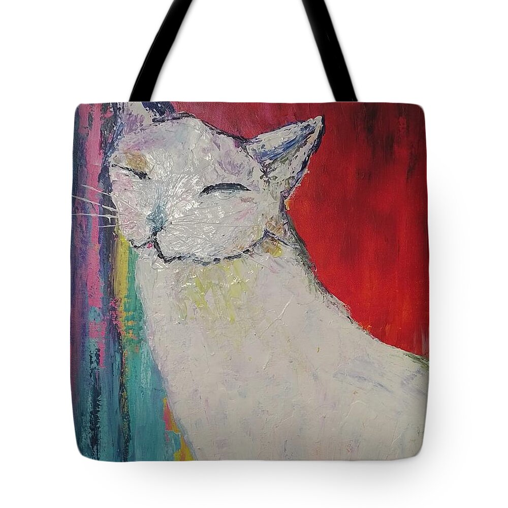 White Cat Tote Bag featuring the painting Happy Cat by Lynne McQueen