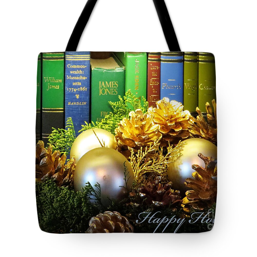 Pine Cones Tote Bag featuring the photograph Happy Holidays Books by Dawn Gari