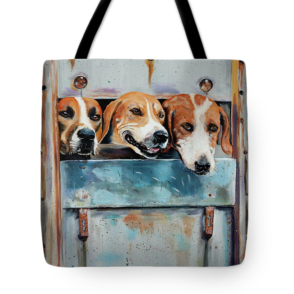 Acrylic Tote Bag featuring the painting Happy Hunt Hounds Head Home by Seeables Visual Arts