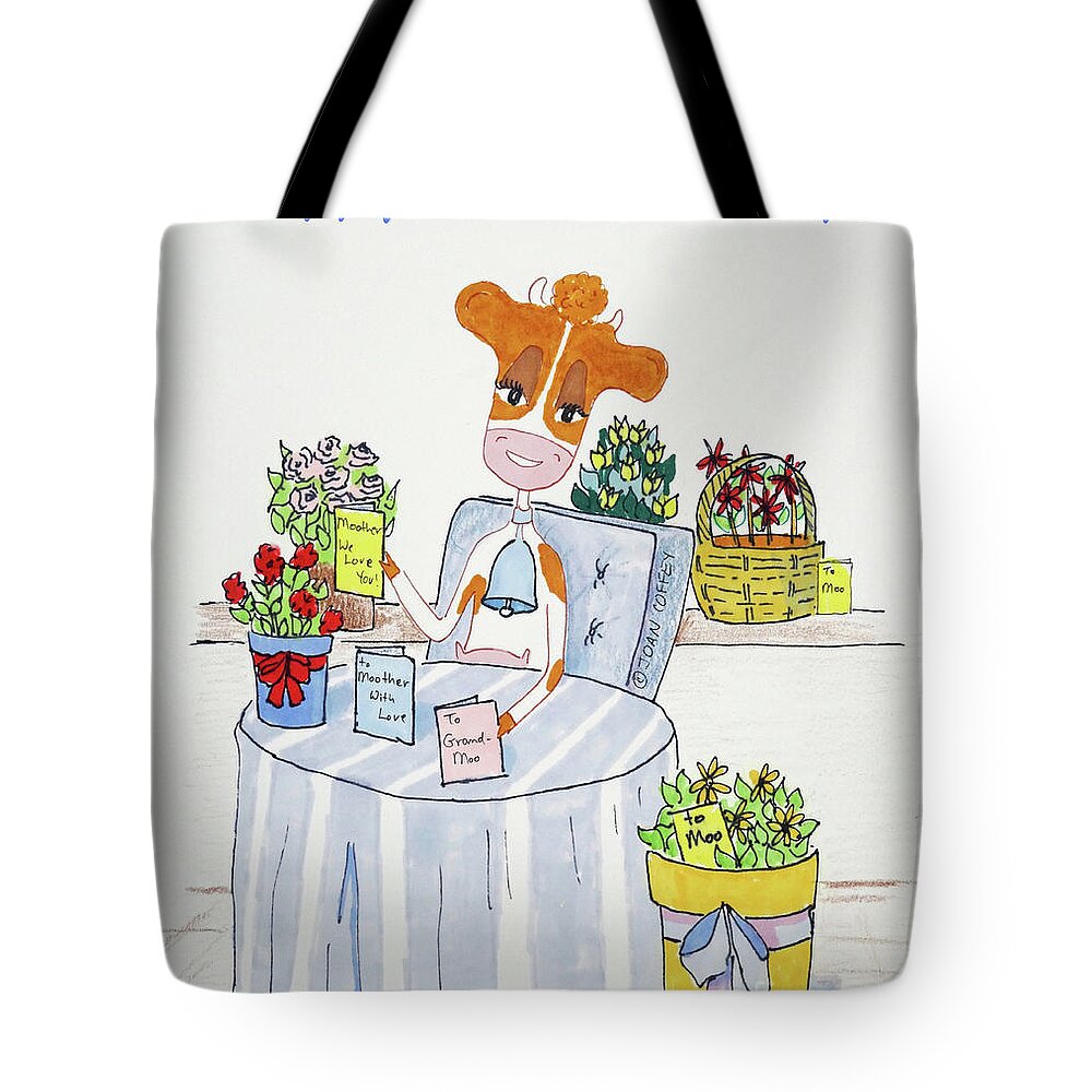 Ruthie-moo Tote Bag featuring the drawing Happy Moother's Day 2 by Joan Coffey