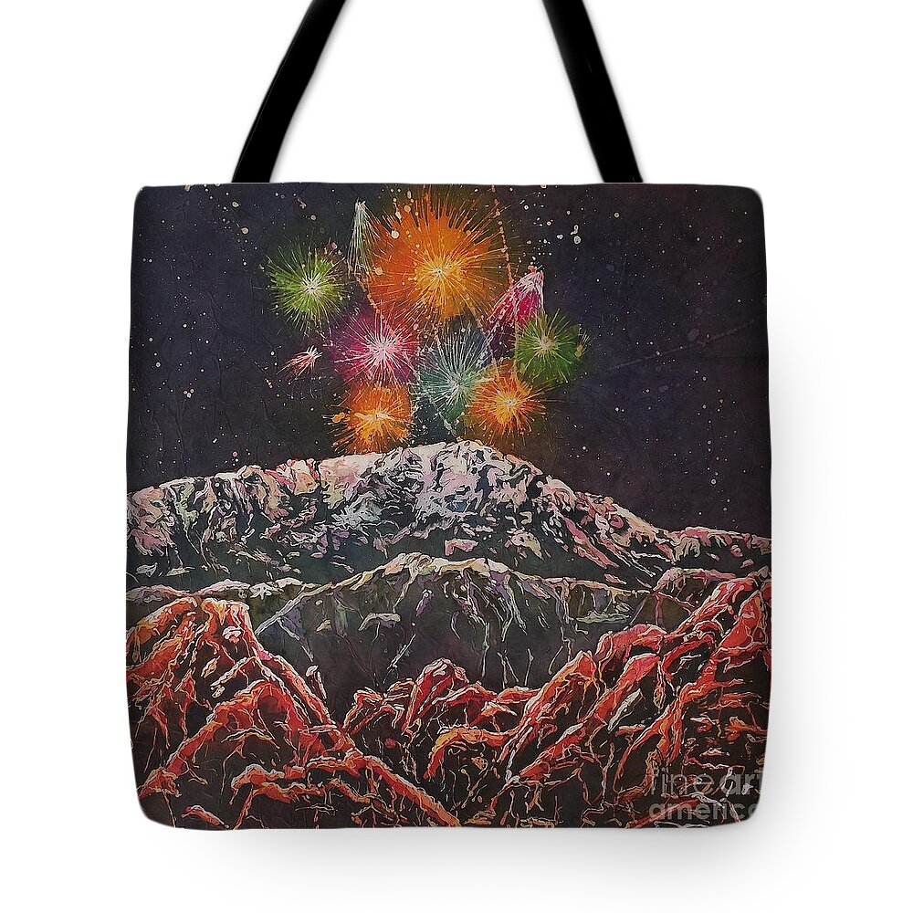 Fireworks Tote Bag featuring the mixed media Happy New Year From America's Mountain by Carol Losinski Naylor