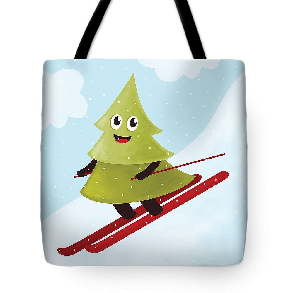 Tree Tote Bag featuring the digital art Happy Pine Tree On Ski by Boriana Giormova