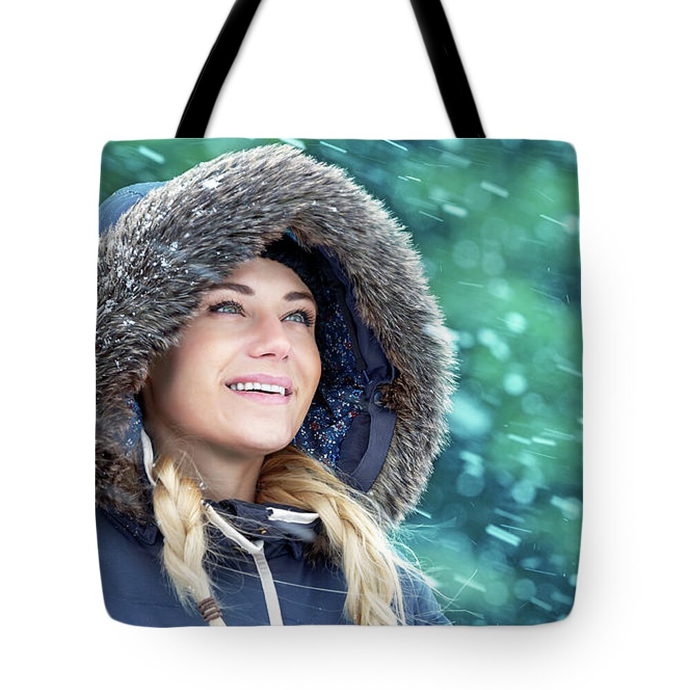 Adult Tote Bag featuring the photograph Happy woman in winter park by Anna Om